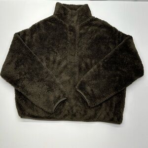 H&M Women’s Brown Faux Fur Cropped Pullover M 1/2 Snap FUZZY WARM